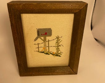Vintage Cross Stitch Wall Decor Framed with  Mailbox Picture