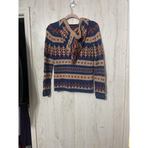 Anthropologie Sparrow Blue Beige Aztec Nordic Knit Full Zip Hoodie Jacket Sz S image 3