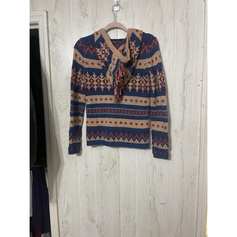 Anthropologie Sparrow Blue Beige Aztec Nordic Knit Full Zip Hoodie Jacket Sz S image 3