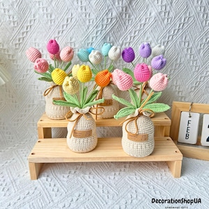 Crochet Tulip Bouquet in Bag Vase ，Forever Flowers， Home & Office Decor，Mom Gift，For Daughter，Teacher or Friend Gift，Home Gift Idea