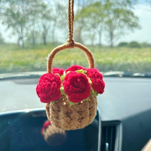 Crochet flower basket car ornaments, car rearview mirror decoration, sunflower, rose, car flower shape, plant lover car ornaments gift
