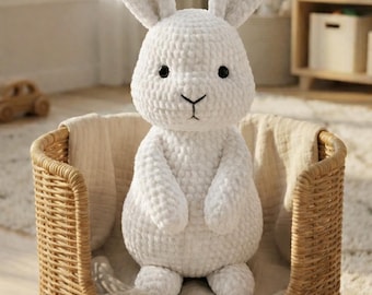 May include: A white, plush crochet bunny with black eyes and a stitched nose and mouth, sitting in a woven basket. The bunny has long ears and is made from a soft, textured yarn. The words "PDF PATTERN" are visible.