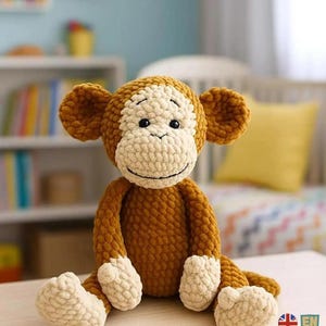 Puede incluir: Un muñeco de mono de ganchillo hecho a mano en tonos marrón y crema. El peluche tiene orejas grandes, una cara sonriente y patas blancas. Las palabras "PDF PATTERN" son visibles en el fondo.