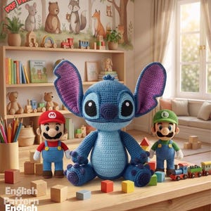 May include: A collection of handmade crochet toys, including a large blue Stitch character, Mario, and Luigi. The toys are displayed on a wooden table with colorful blocks and a wooden train set. The background features a bookshelf with books and decorative items.