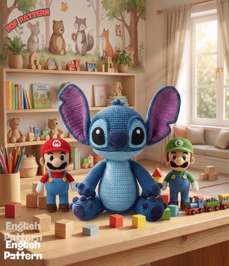 May include: A collection of handmade crochet toys, including a large blue Stitch character, Mario, and Luigi. The toys are displayed on a wooden table with colorful blocks and a wooden train set. The background features a bookshelf with books and decorative items.