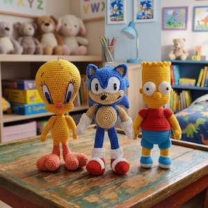May include: Three crocheted character dolls: Tweety Bird, Sonic the Hedgehog, and Bart Simpson, are displayed on a wooden table. The dolls are yellow, blue, and red, with white accents. The background includes children's artwork and the text "PDF PATTERN".