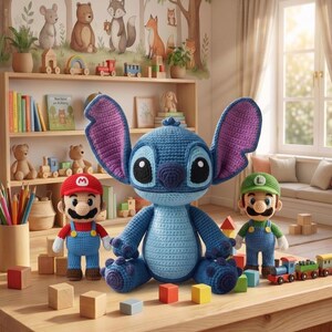 May include: A collection of handmade crochet toys, including a large blue Stitch character, Mario and Luigi figures, and a wooden train set. The toys are arranged on a wooden table in a child's playroom, with a bookshelf and wall mural in the background.
