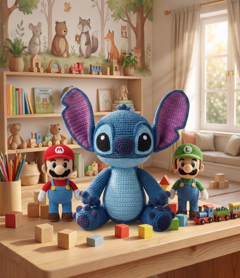 May include: A collection of handmade crochet toys, including a large blue Stitch character, Mario and Luigi figures, and a wooden train set. The toys are arranged on a wooden table in a child's playroom, with a bookshelf and wall mural in the background.