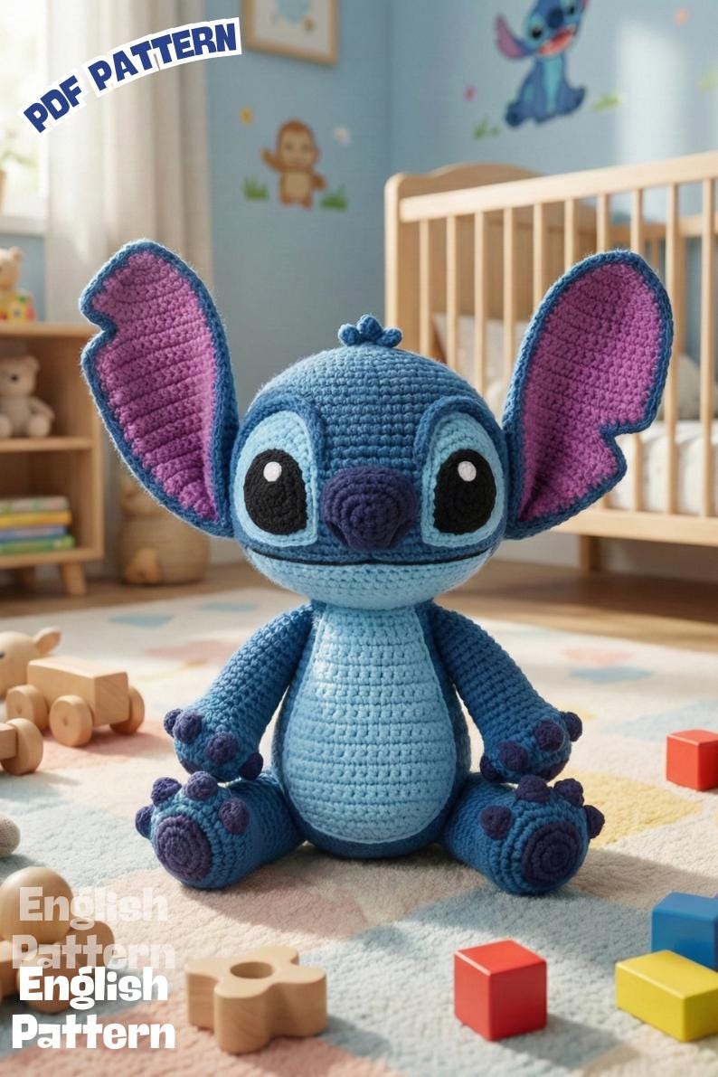 May include: A handmade blue crochet Stitch doll with large ears, black eyes, and a purple inner ear. The doll is sitting on a patterned rug with wooden toys and colorful blocks nearby. The words "PDF Pattern" and "English Pattern" are visible.