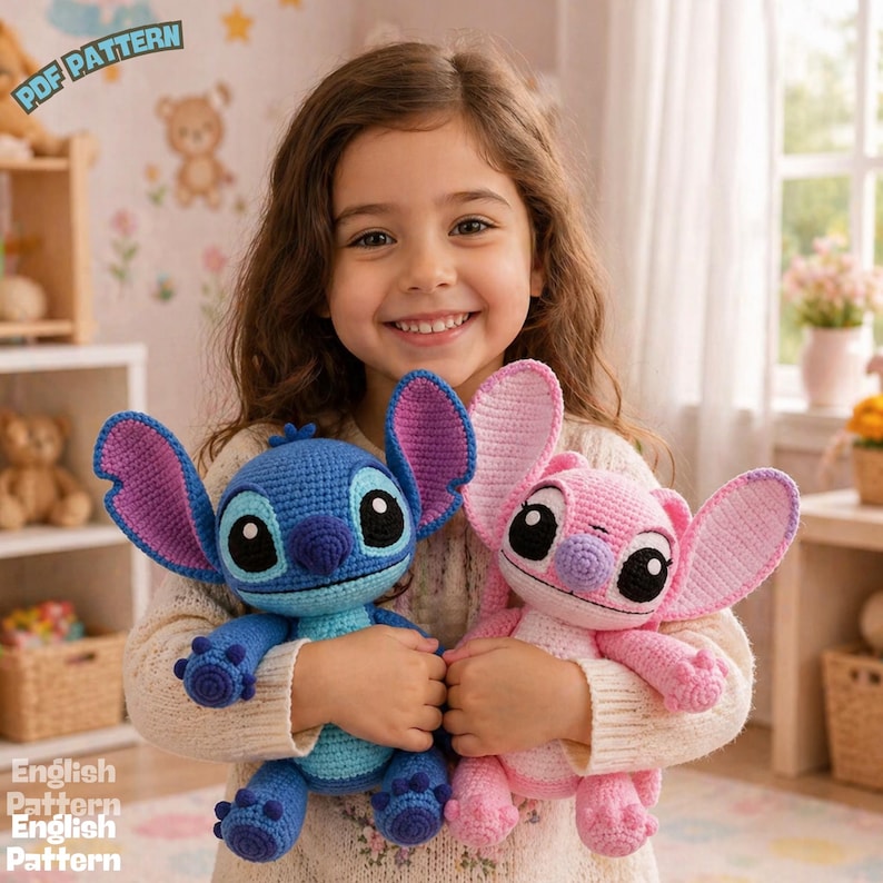 May include: A young girl smiles while holding two crocheted plush toys. One is blue with purple accents, the other is pink. The toys have large ears and big eyes. The words "PDF PATTERN" and "English Pattern" are visible in the image.