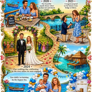 Op de afbeelding: Een kleurrijke illustratie getiteld "Our Love Story" met de namen Olivia & Noah. Het toont belangrijke momenten: een diner aan zee, een aanzoek, een bruiloft en een eerste verjaardag. Het ontwerp bevat bloemenranden en tekst.