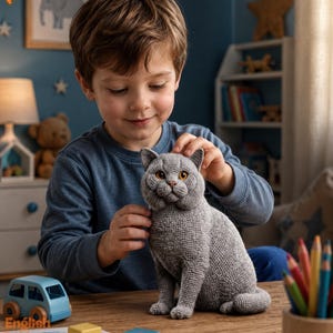Könnte beinhalten: Eine graue gehäkelte Katzenfigur mit bernsteinfarbenen Augen und einer detaillierten, strukturierten Garnoberfläche. Die Katze sitzt in einer aufrechten Position mit dem Schwanz an der Seite. Der Text PDF PATTERN ist oben links sichtbar.