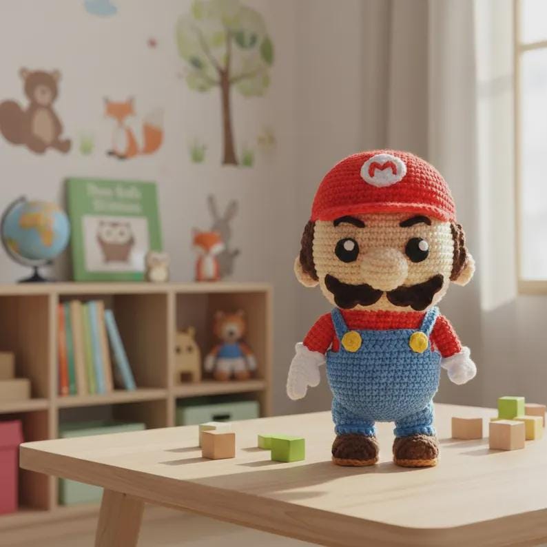 May include: A crocheted Mario doll, featuring a red cap with a white 'M', a brown mustache, and blue overalls. The doll has white gloves and brown shoes. It is standing on a wooden table.