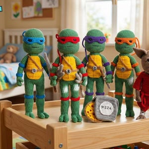 May include: Crocheted Teenage Mutant Ninja Turtles dolls with blue, red, purple, and orange masks, yellow and green outfits, and weapons. A crocheted Master Splinter doll and pizza slice are also present. The words "PDF Pattern" and "English Pattern" are visible.