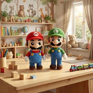 May include: Two crocheted dolls of Mario and Luigi characters, each with a distinctive hat, mustache, and overalls. Mario wears a red hat and Luigi a green one. They stand on a wooden table in a child's room, surrounded by toys and a colorful mural.