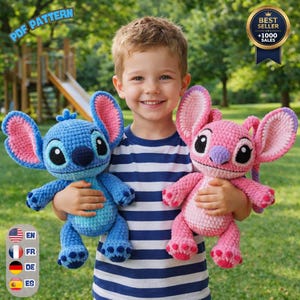 Patrón de amigurumi de ganchillo Stitch And Angale en PDF: Peluche de alienígena azul (inglés, alemán, francés, español)