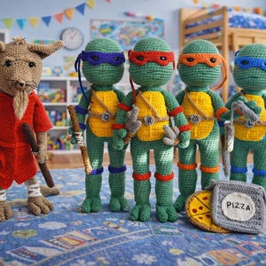 Puede incluir: Figuras de ganchillo de las Tortugas Ninja, cada una con una máscara de diferente color, y una figura de Splinter de ganchillo. Las figuras están sobre una alfombra azul estampada, con un posavasos de pizza y las palabras "English Pattern" visibles.