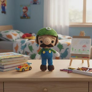 May include: A handmade crochet doll of the character Luigi from the Super Mario Bros. video game series. The doll has a green hat, brown mustache, and blue overalls. It is displayed on a wooden table with a toy car, books, and crayons.