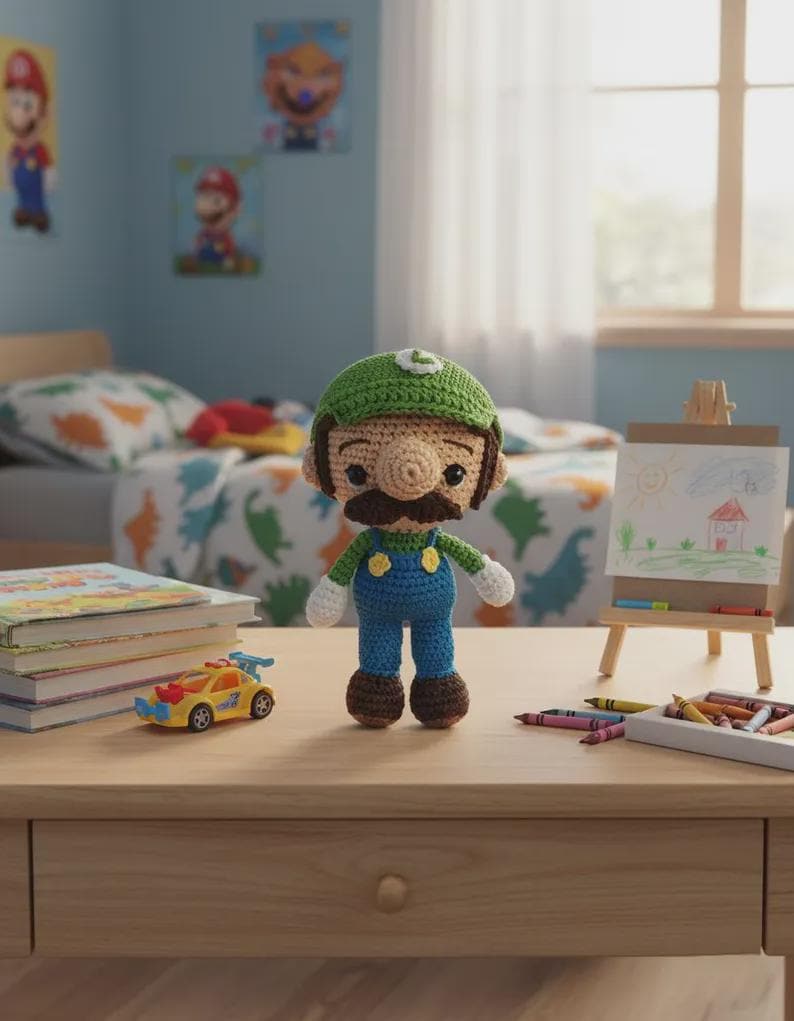 May include: A handmade crochet doll of the character Luigi from the Super Mario Bros. video game series. The doll has a green hat, brown mustache, and blue overalls. It is displayed on a wooden table with a toy car, books, and crayons.
