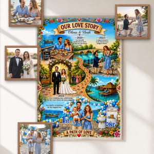 Op de afbeelding: Een ingelijste print getiteld "OUR LOVE STORY" met foto's en tekst die de mijlpalen van een stel beschrijven. Het kunstwerk bevat afbeeldingen van dineren, een aanzoek, een bruiloft en de eerste verjaardag van een kind. De tekst bevat de namen Olivia & Noah.