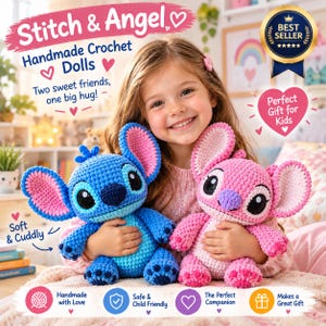 Patrón de ganchillo para amigurumi de Stitch y Angale en PDF: peluche de extraterrestre azul