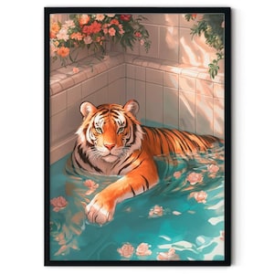 Póster de tigre, tigre colorido, estampado de tigre, arte animal, decoración de baño, arte de pared de tigre, decoración del hogar, decoración de moda, impresión de pared, póster de baño