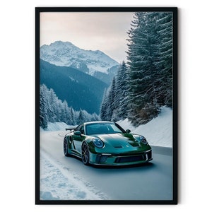 Auto Druck | Porsche Poster, Auto Poster, Porsche Druck, Berg Poster, Reisekunst, Grüner Porsche, Porsche Berg
