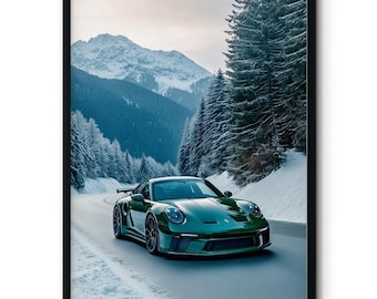 May include: A dark green Porsche sports car driving on a snowy road in the mountains. The car is surrounded by snow-covered trees and mountains in the background.