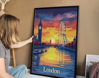 Pôster de viagem de Londres – Big Ben, Tower Bridge, arte de pontos turísticos do Reino Unido