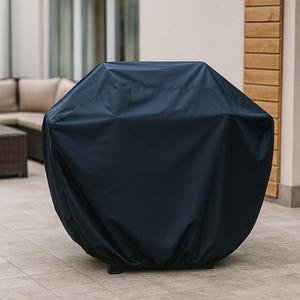 May include: A dark navy blue barbecue cover. The cover is made from a robust, water-resistant material, designed to shield a barbecue from weather. The cover is draped over the barbecue, concealing its form. The background shows an outdoor patio setting.