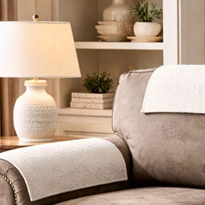 May include: A taupe sofa featuring white textured fabric arm and headrest covers. The sofa has a subtle embossed pattern and is positioned next to a white table lamp with a textured base and a white drum shade, set against a bookshelf background.