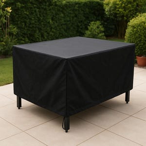 Könnte beinhalten: Eine schwarze, rechteckige Schutzhülle für Gartenmöbel. Sie bedeckt einen Tisch, dessen Beine sichtbar sind. Die Hülle besteht aus einem wetterfesten Material und schützt die Möbel vor Witterungseinflüssen.