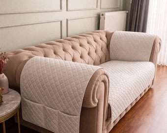 Sofa Seat and Armrest Cover Water Resistant Quilted Fabric Protector, Extra Long Fabric Couch Protection with Storage Pockets Custom Size