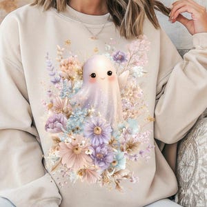 Boho Cottagecore Ghost png, pastel bloemen halloween clipart, schattig spook sublimatie ontwerp voor herfst shirts en ambachten, halloween dtf png