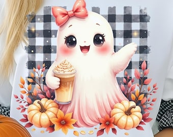 Pumpkin Spice Latte Ghost Clipart, Kawaii Halloween PNG (Digital Download)