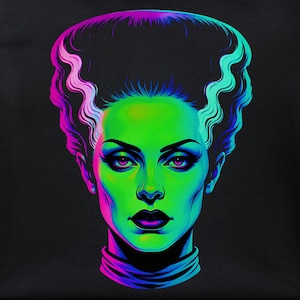 May include: A black t-shirt featuring a vibrant, neon-colored graphic of a person with a tall, voluminous hairstyle. The portrait uses bright shades of green, magenta, and cyan to highlight the facial features and hair against the dark fabric.