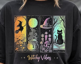Witchy Vibes PNG: vintage Halloween-clipart, Black Cat Cauldron (digitale download)