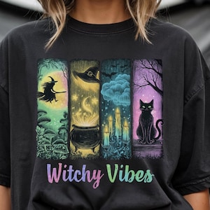 Witchy Vibes PNG, Cute Witch Halloween Sublimation, Black Cat Cauldron Candles Clipart, Magical Fall PNG for Shirts, Tote Bags, DTF download