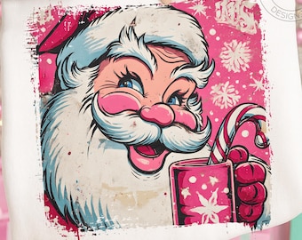 Retro Pinkmas Santa PNG, Distressed Winking Santa (Digital Download)
