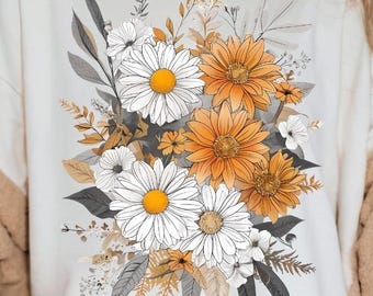 Boho Daisy Flower PNG, Autumn Floral Shirt Design, Vintage Wildflower Sublimation Digital Download