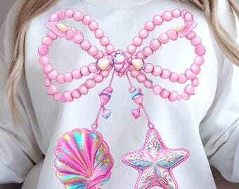 Pink Pearl Coquette Bow PNG, Iridescent Seashell Starfish, Mermaid (Digital Download