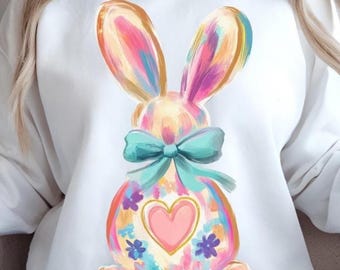 Painted Brushstroke Easter Bunny PNG – Pastel Spring Design with Blue Coquette Bow
