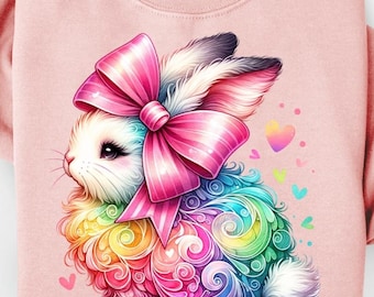 Conejito arcoíris PNG - Diseño de sublimación de conejo de Pascua colorido con lazo rosa