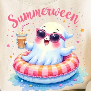 Summerween Ghost PNG | Cute Ghost with Iced Coffee & Pool Float Design | Summer Halloween Sublimation | Pink Pastel Spooky Digital Download