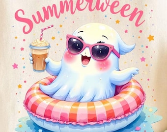Summerween Geist PNG | Süßer Geist mit Eiskaffee & Pool Float Design | Sommer Halloween Sublimation | Rosa Pastell Gruseliger digitaler Download