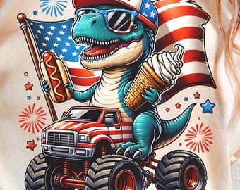 Patriotic T-Rex Monster Truck PNG | 4th of July Dinosaur Clipart (Digital Download)