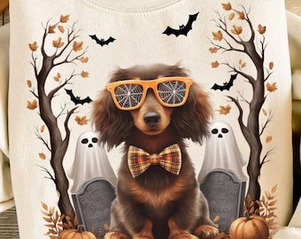 May include: A cream-colored crewneck sweatshirt featuring a graphic of a brown long-haired dog wearing orange spiderweb-patterned sunglasses and a plaid bowtie. The design includes two ghost-topped tombstones, bare trees, bats, and pumpkins.