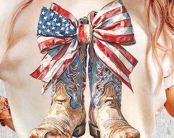 4th of July Cowgirl Boots PNG, USA Flag Coquette Bow Design (Digital Download)