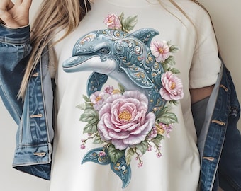 Delfín floral bohemio PNG, descarga digital de sublimación de vida marina mística