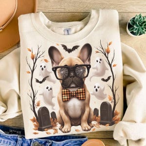 Buldogue Francês de Halloween PNG, Sublimação de Cemitério de Fantasmas de Cachorro, Clipart de Morcego de Abóbora de Outono, Design de Camisa de Halloween para Cachorro com Gravata Borboleta Xadrez, Dtf png
